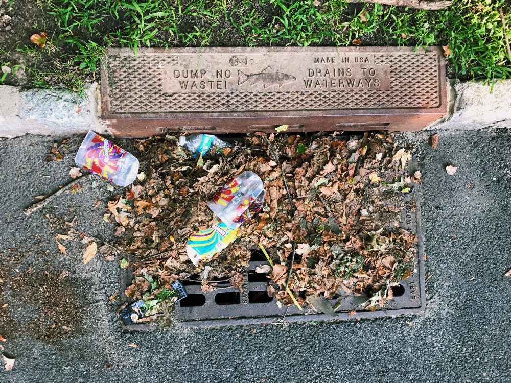 Photo of storm drain blocked by litter