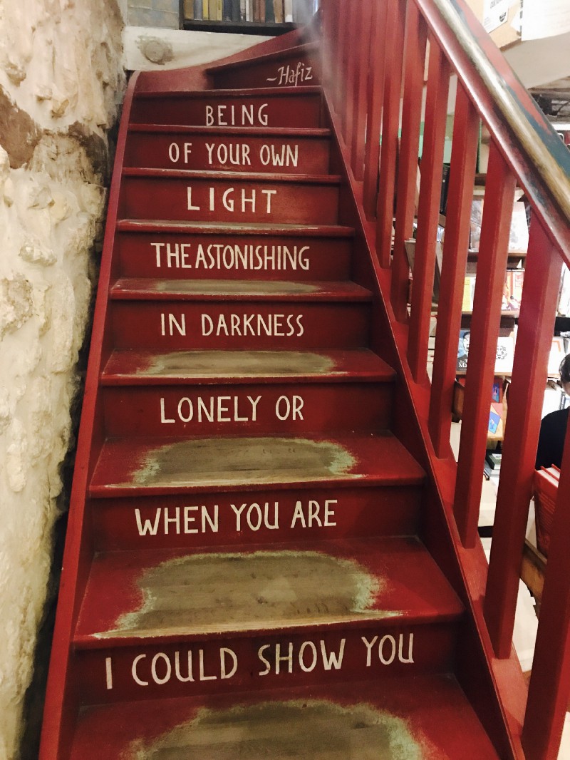 A staircase inside the iconic bookstore Shakespeare & Company