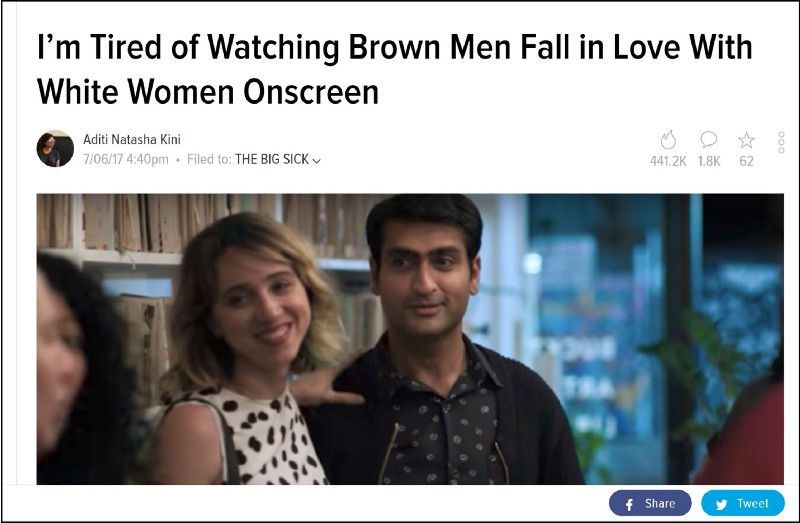 Screenshot of article headline "I'm Tired of Watching Brown Men Fall in Love With White Women Onscreen"