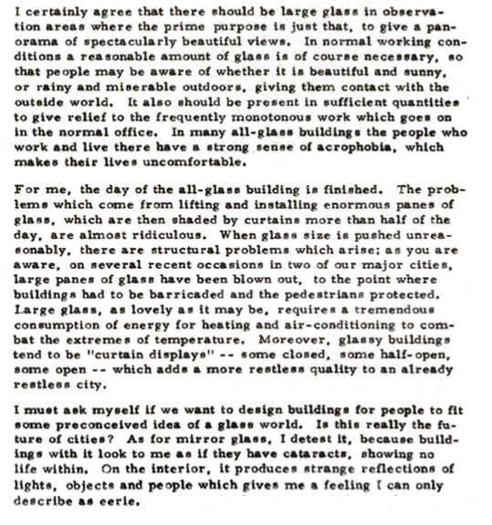 Image of Minoru Yamasaki's thoughts on majority-glass buildings