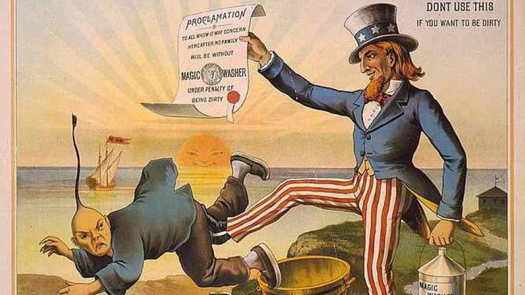 Image of Uncle Sam kicking out a caricature of a Chinese man