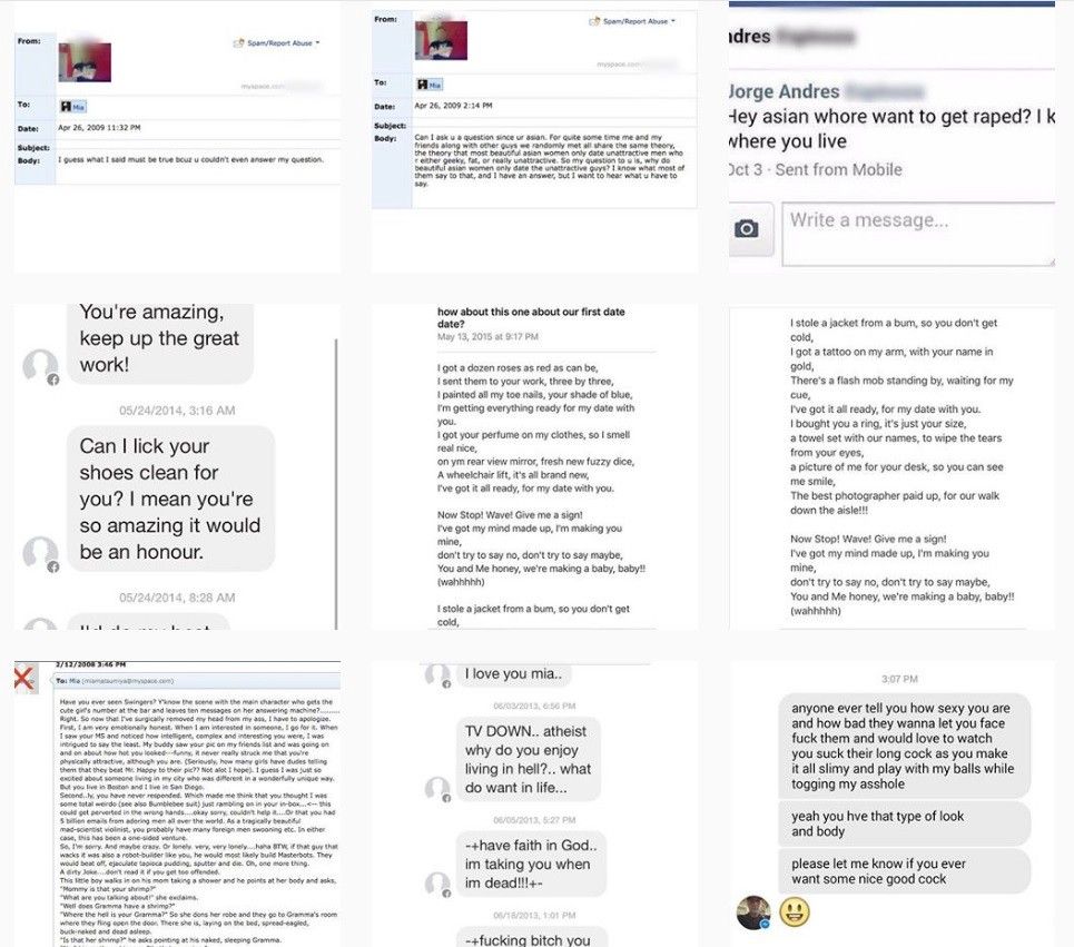 Collection of screenshots where a woman is sexually and racially harassed