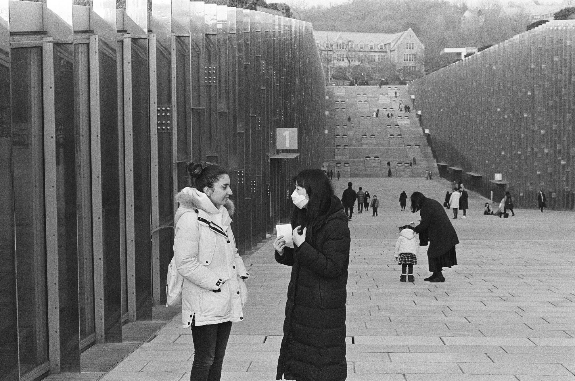 Photo of two women outside of Ehwa University, Seoul