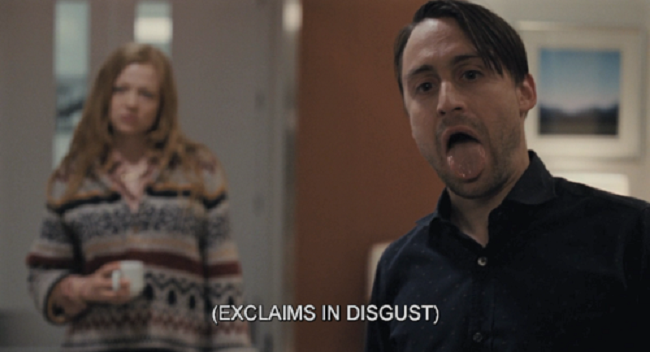 An image of the character Roman Roy from Succession, with subtitles indicating "exclaims in disgust"