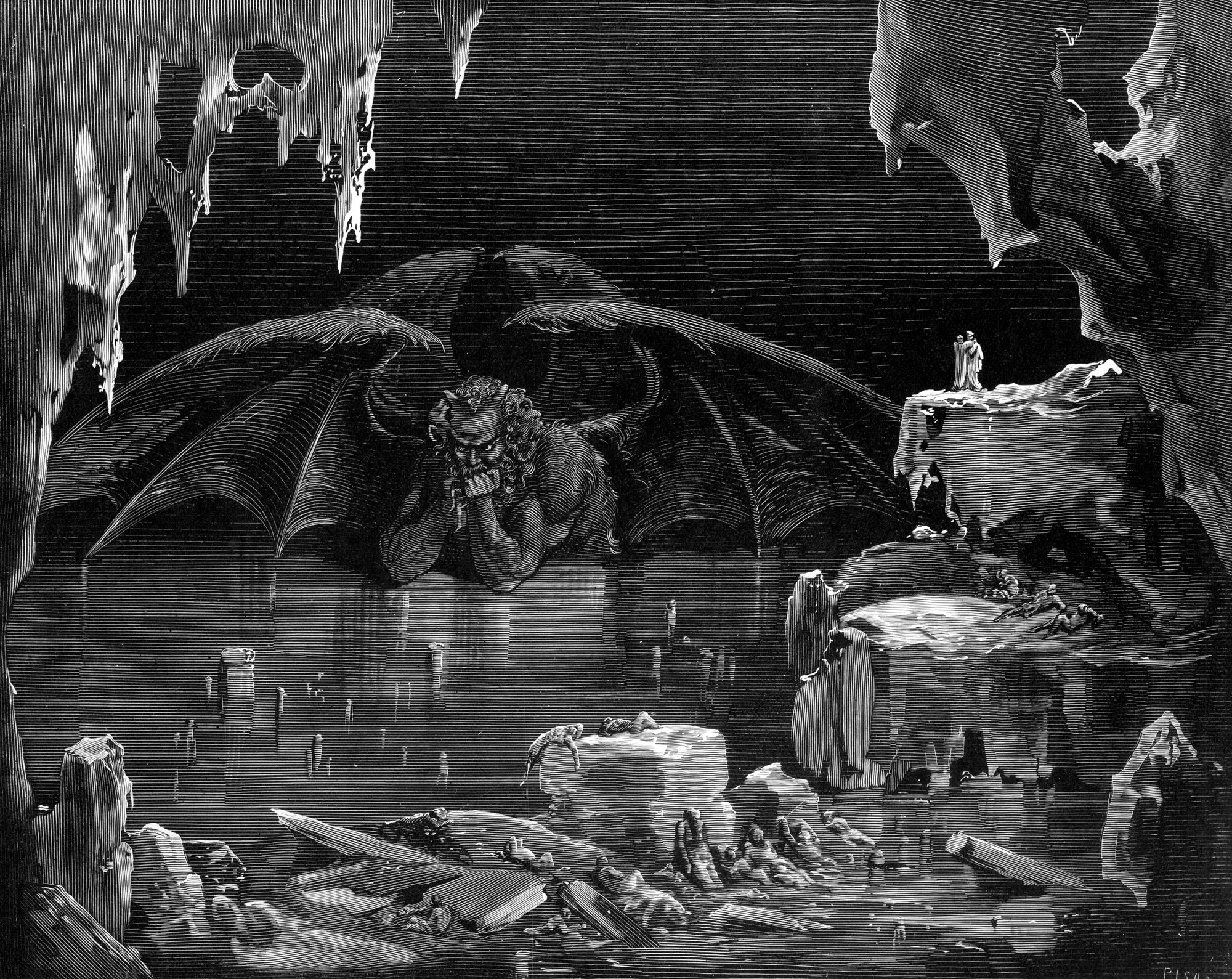 Drawing of Dante, Virgil, and Devil in Hell by Gustave Doré