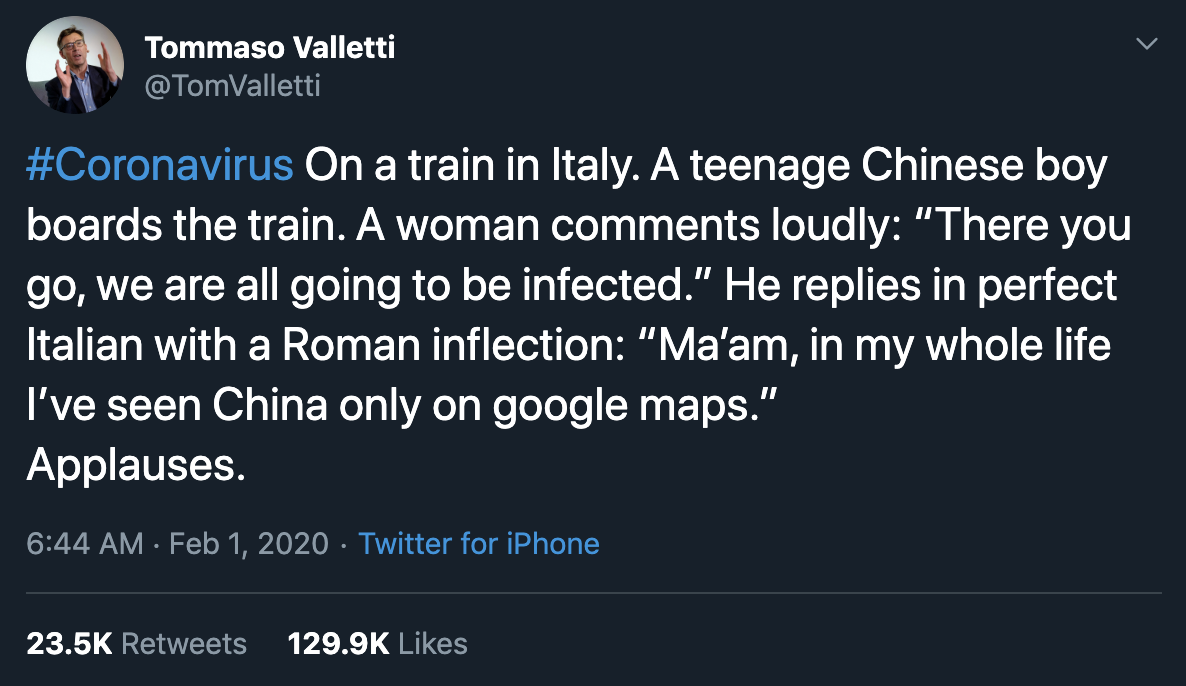 Screenshot of tweet describing racism in Italy